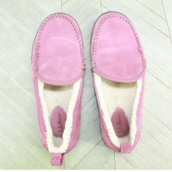 LL Bean Pink Suede Slip On Fleece Lined Mountain Moccasin Slippers Size 8 M - Picture 7 of 9